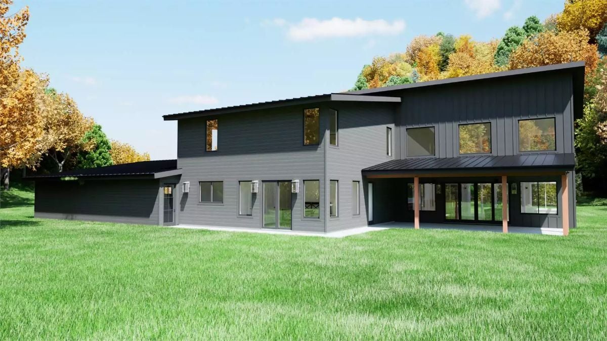 Dark Siding and a Covered Porch Define the Rear Exterior