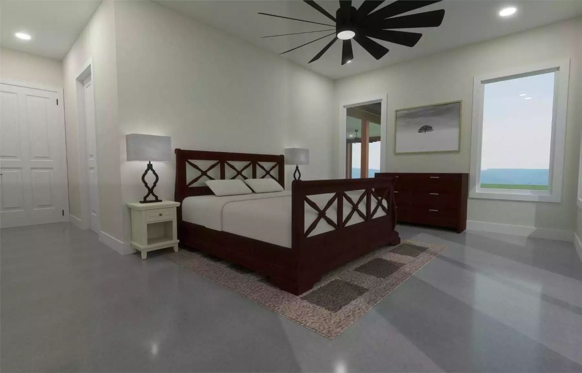 Dark Wood Bed Frame and Polished Concrete Floor Meet in the Master Suite