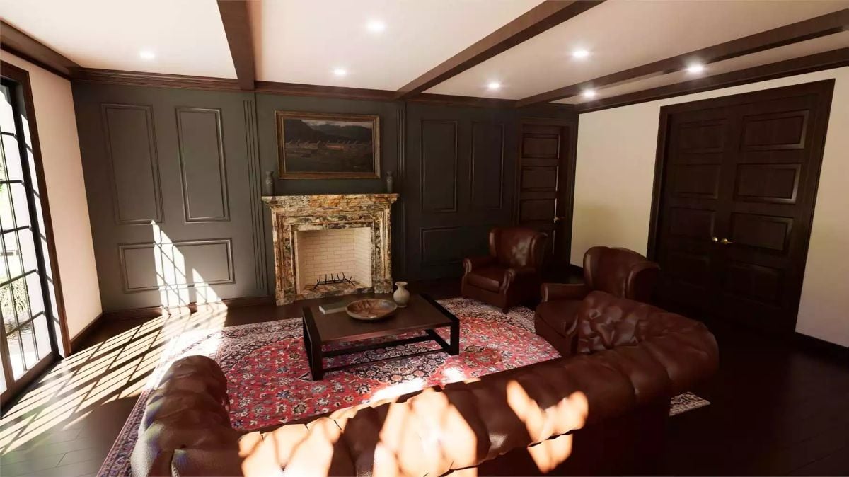 Leather Furniture and a Stone Fireplace Anchor a Living Room Built for Comfort