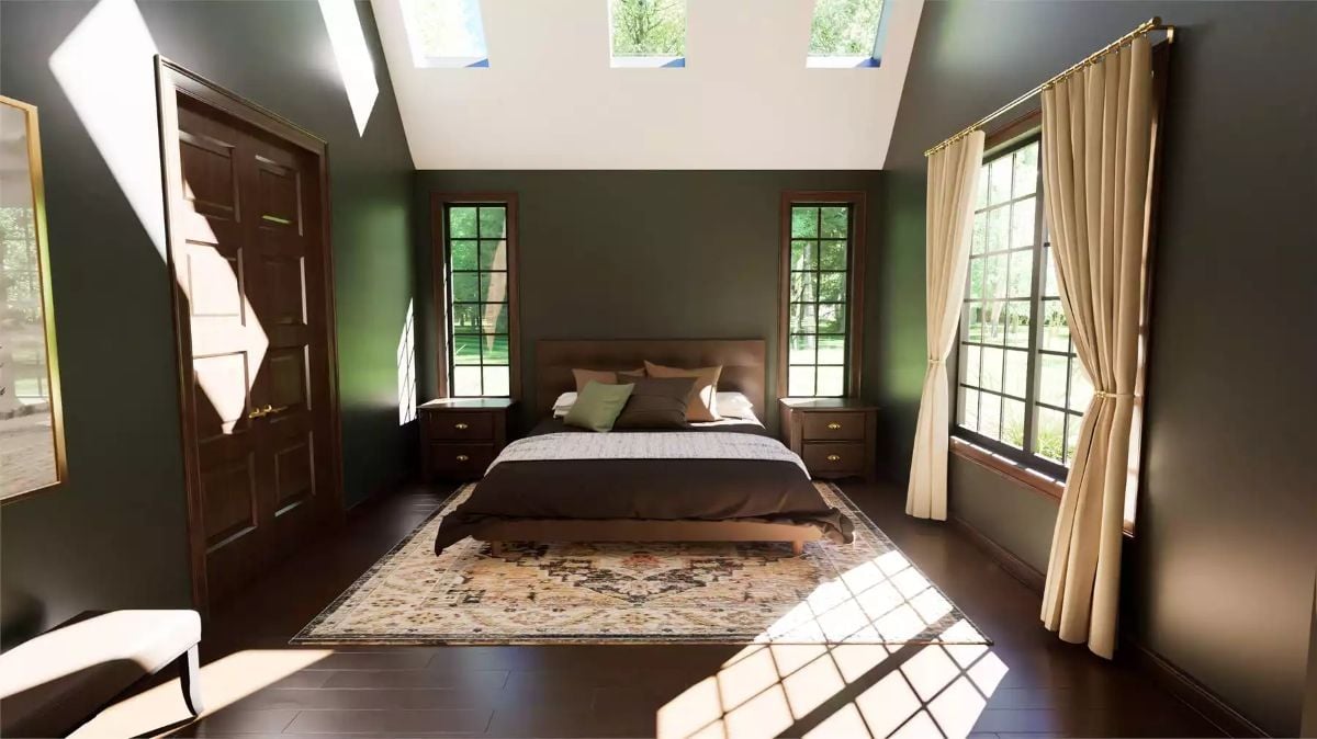 Forest Green Walls and Skylights Make This Bedroom Feel Like a Retreat