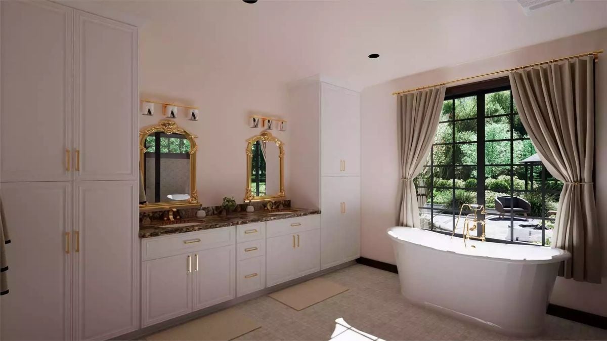 Ornate Gold Mirrors and a Soaking Tub Give This Primary Bath a European Edge