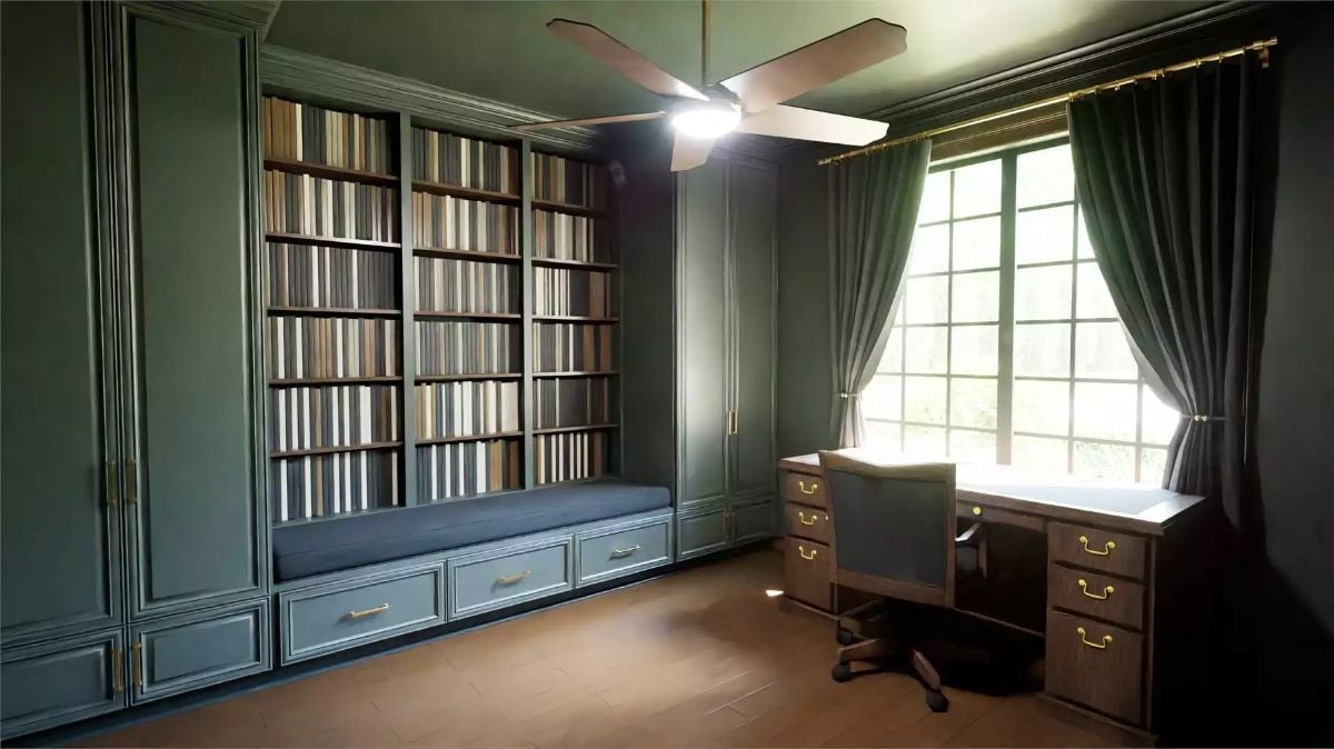 Built-In Shelving and a Window Desk Make This Home Office Worth Closing the Door