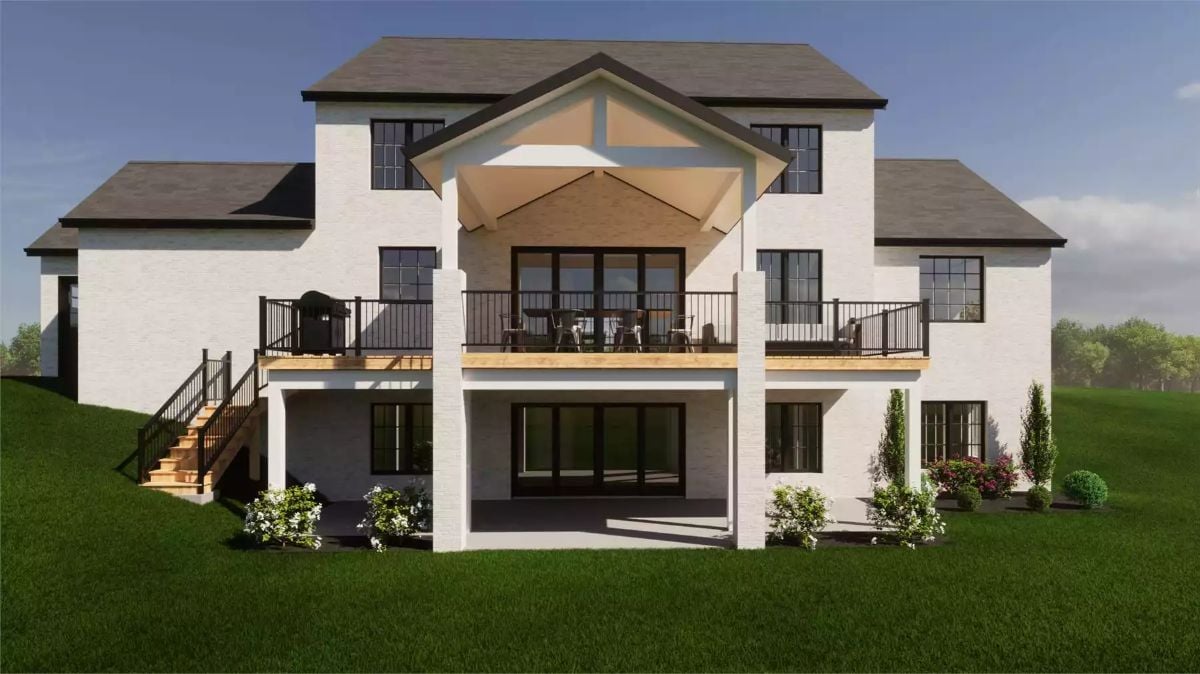 Covered Rear Deck with Gabled Pergola Frames Walkout Lower Level