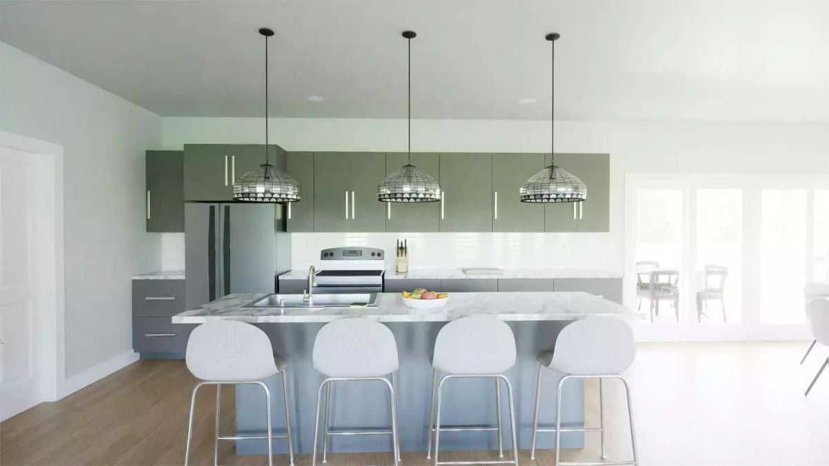 Olive Cabinets, Marble Counters, and Wire Pendants Over a Gray Island