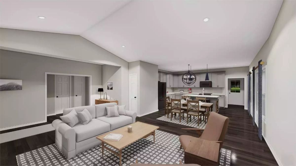 Dark Hardwood Floors Anchor an Open Living and Dining Space