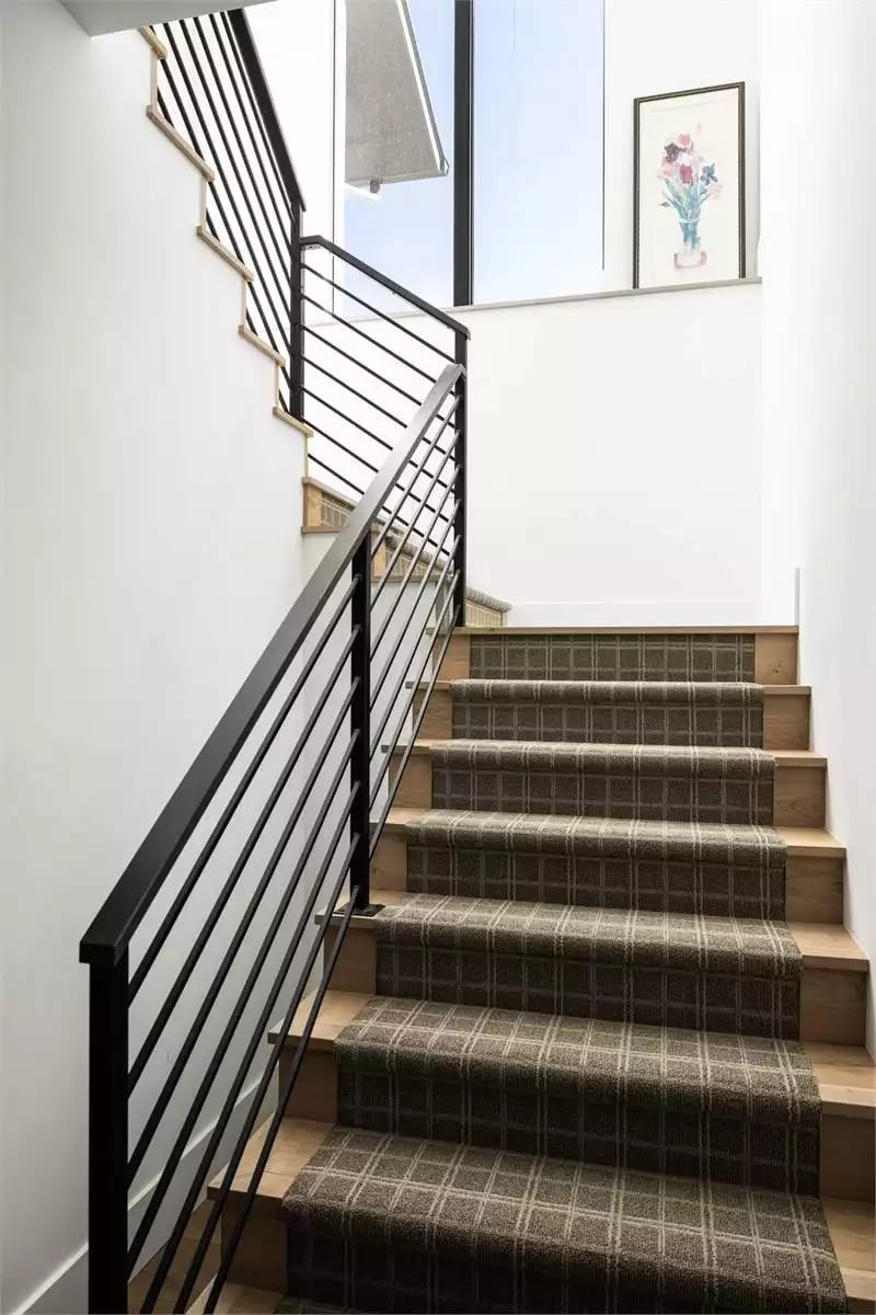 Plaid Runner, Black Steel, Wood Treads — Staircase That Earns Its Keep