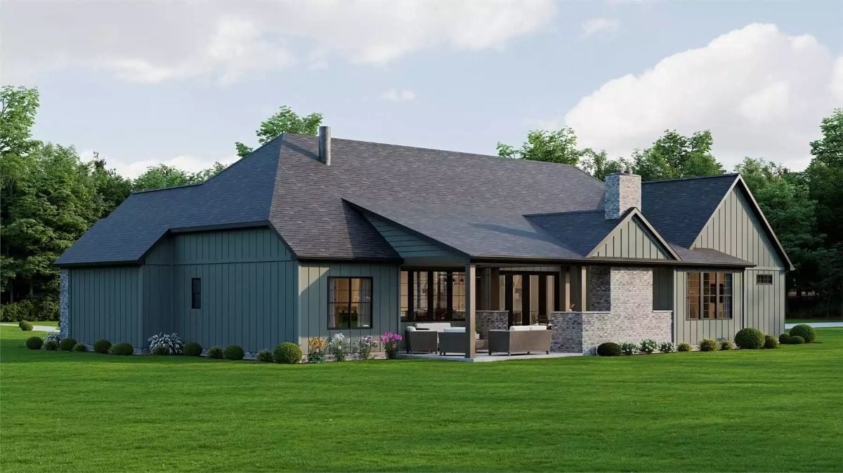Dark Rooflines and Board-and-Batten Siding Define This Craftsman Rear Elevation
