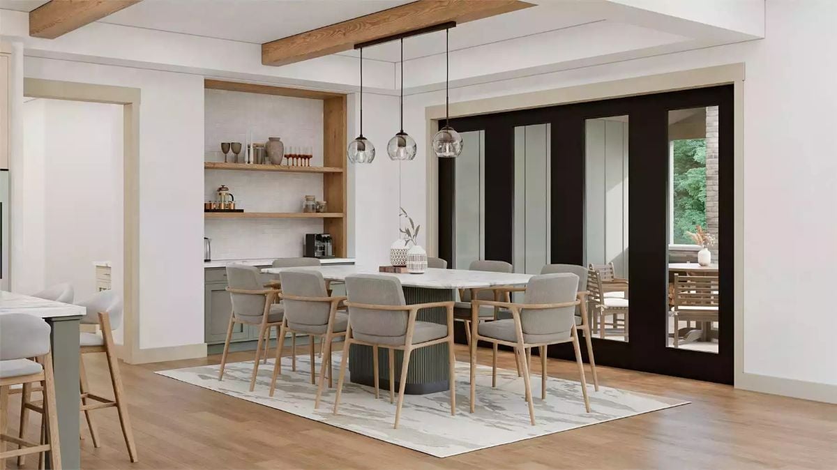 Pendant Clusters and Exposed Beams Pull Together a Dining Room Built for Gatherings