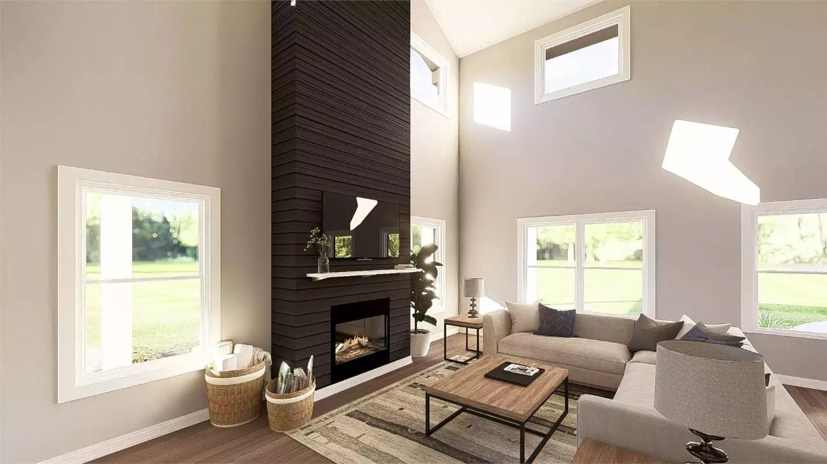 Floor-to-Ceiling Dark Shiplap Fireplace Wall Anchors a Vaulted Great Room