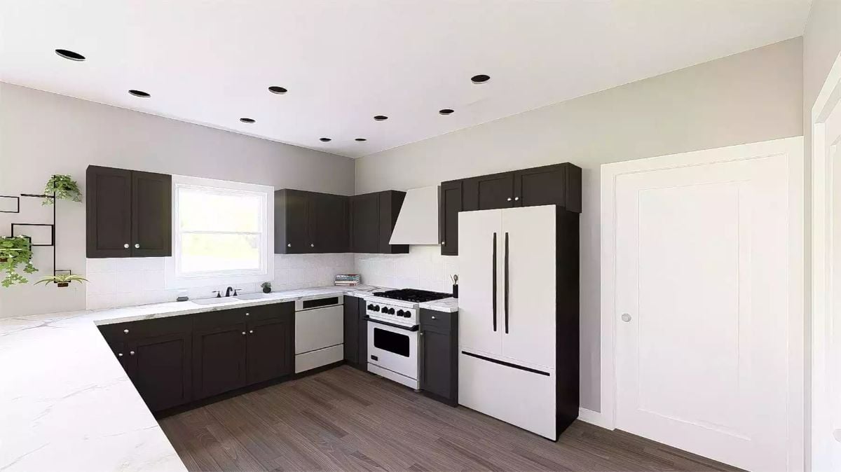 Matte White Appliances and Charcoal Cabinets Define a High-Contrast Kitchen