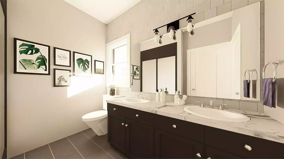 Double Vanity With Marble Counters Brings Contrast to a Neutral Bath