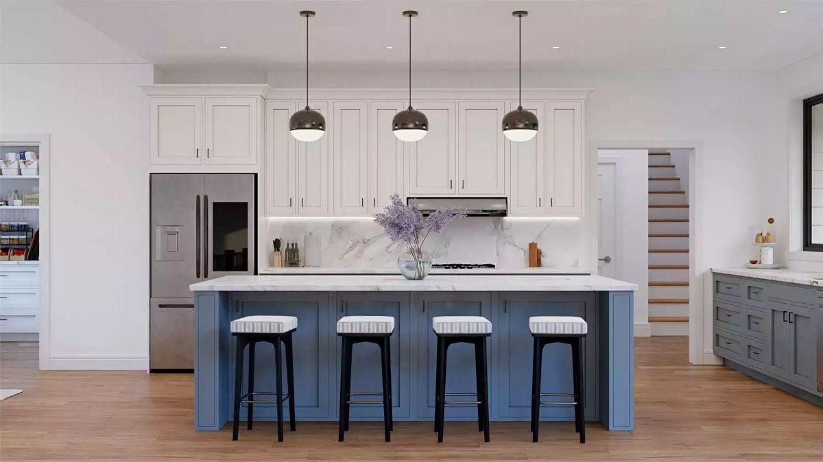 Slate Blue Island and Marble Counters Give This Kitchen a Two-Tone Edge