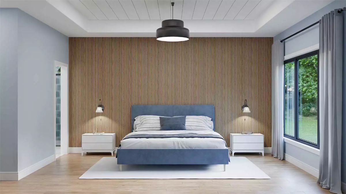 Wood Slat Accent Wall and Blue Upholstered Bed Anchor a Calm Primary Suite