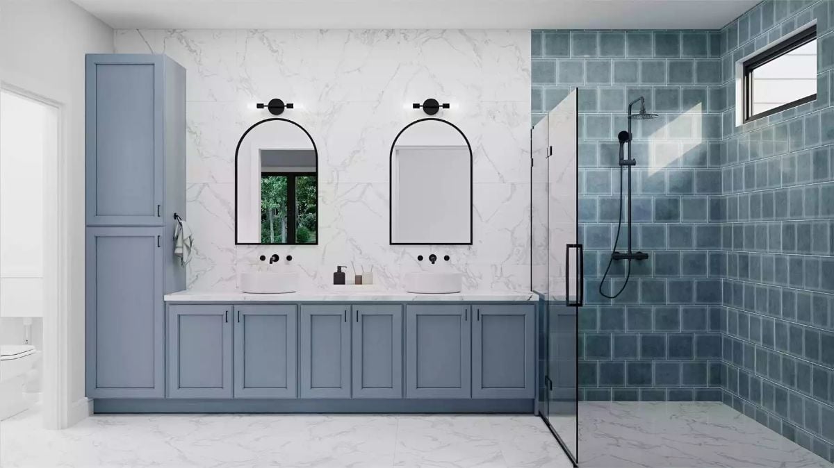 Arched Mirrors and Blue Cabinetry Give This Double Vanity Bathroom Real Presence