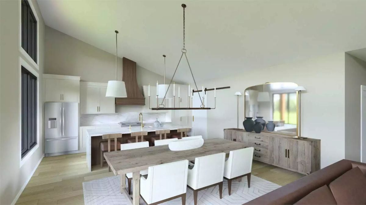 Candlelight Chandelier and Reclaimed Wood Anchor an Open Dining Space