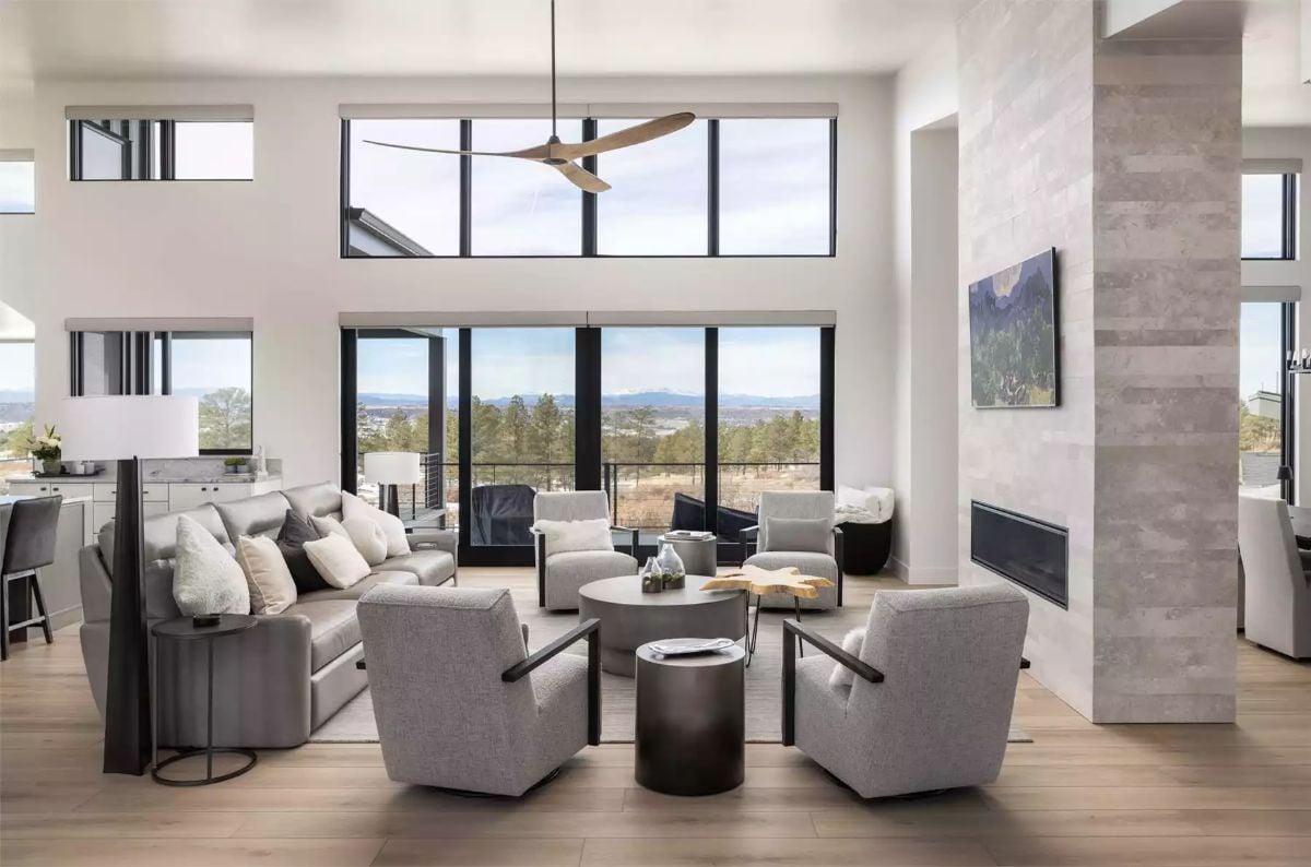 Double-Height Windows Frame Panoramic Views in This Contemporary Living Room