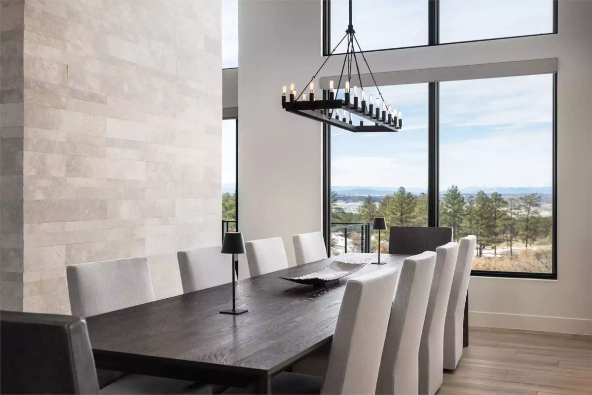Rectangular Chandelier Anchors a Dining Room Built for Serious Entertaining