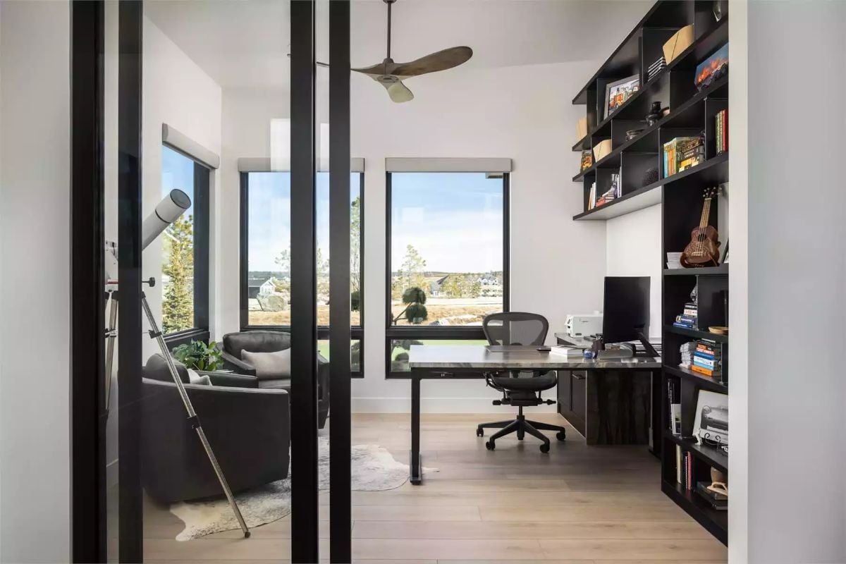 Built-In Shelving and a Ukulele on the Wall Make This Home Office Feel Lived In