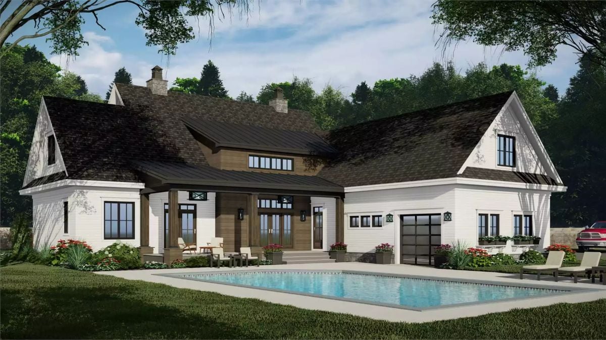 Modern Farmhouse Rear Elevation with Pool and Covered Porch