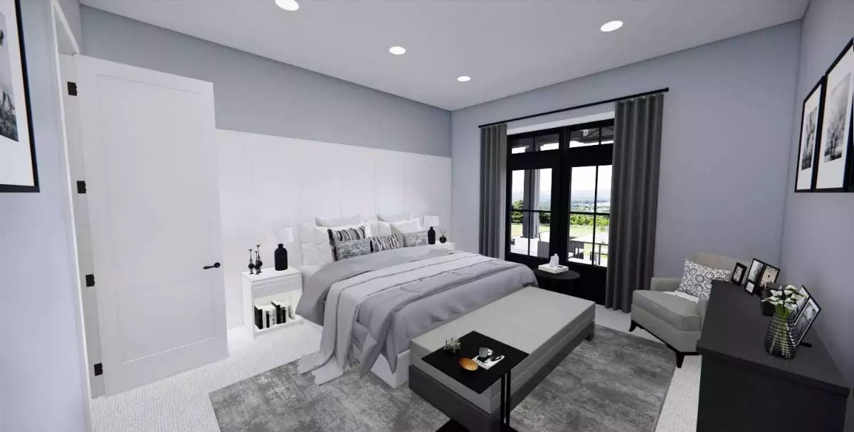 Gray Bedding and Recessed Lighting Keep This Primary Bedroom Calm and Collected