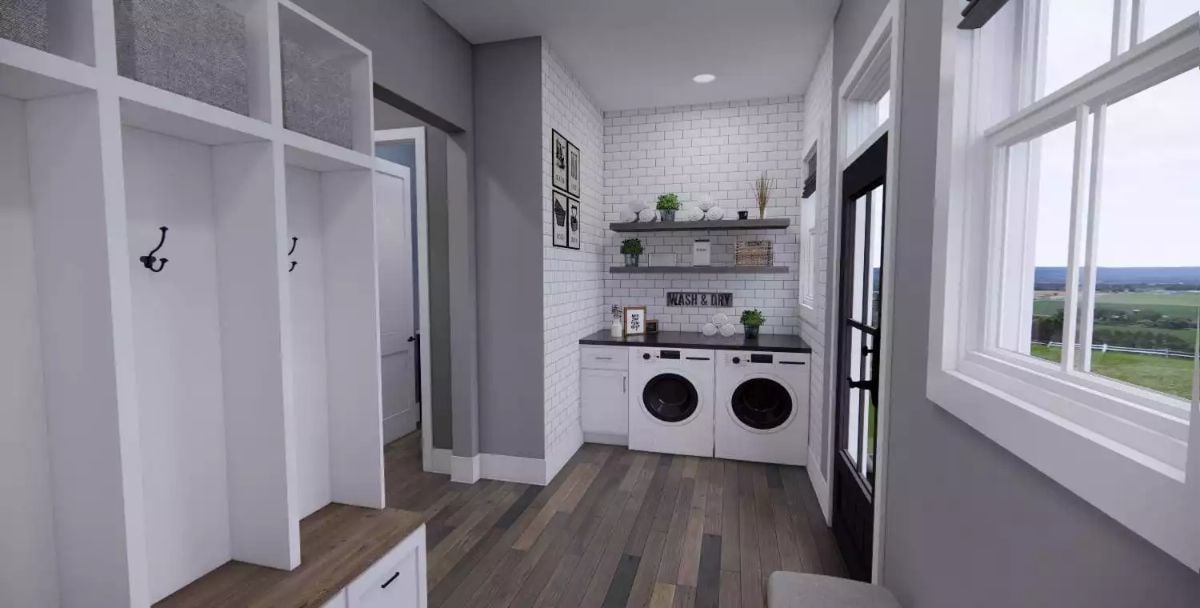 Subway Tile, Open Shelves, and Side-by-Side Machines Make This Laundry Room Work Hard