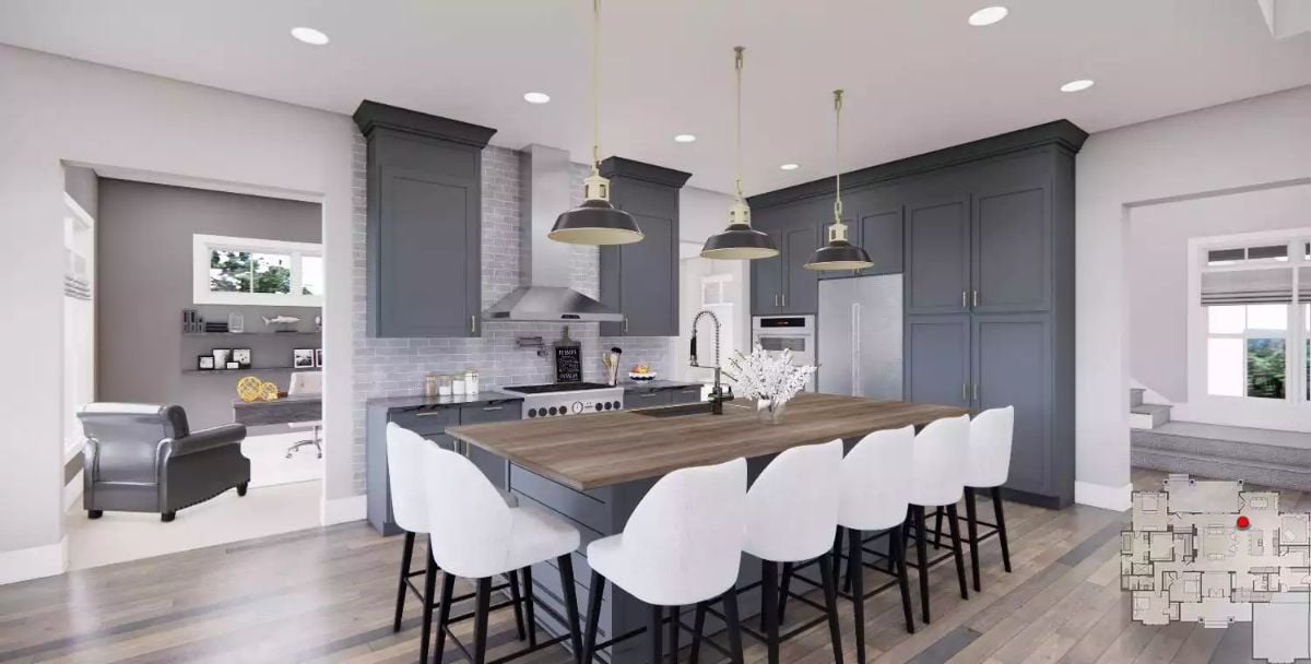 Dark Gray Cabinetry and a Wood Island Define a Kitchen Built for Crowds