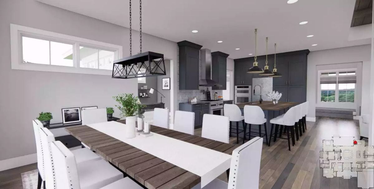 Open Dining Room Flows Into a Dark Kitchen Made for Everyday Hosting