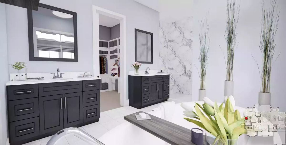 Dual Vanities and Marble Walls Give This Master Bath a Spa-Grade Presence