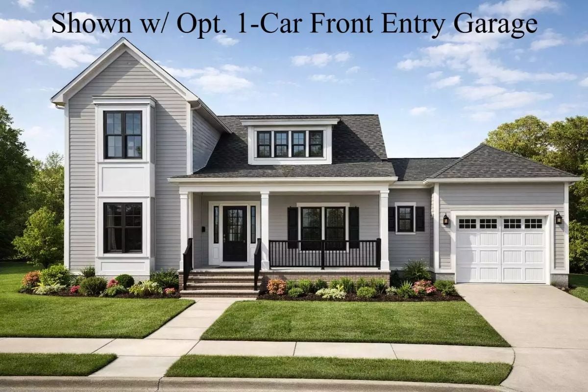 Gray Siding, Front Porch, and Optional Garage Define This Farmhouse Exterior