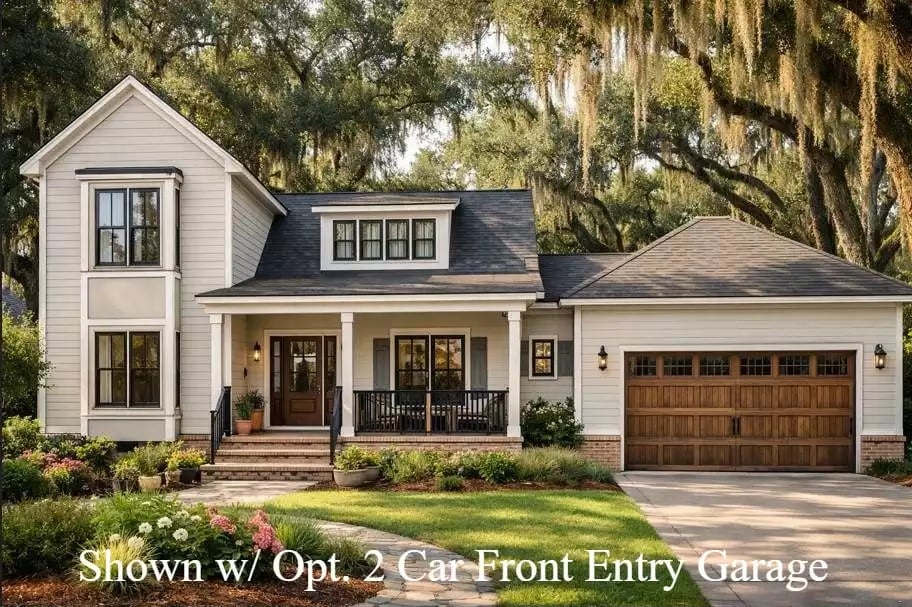 White Lap Siding, Wood Garage Doors, and Spanish Moss Set the Scene