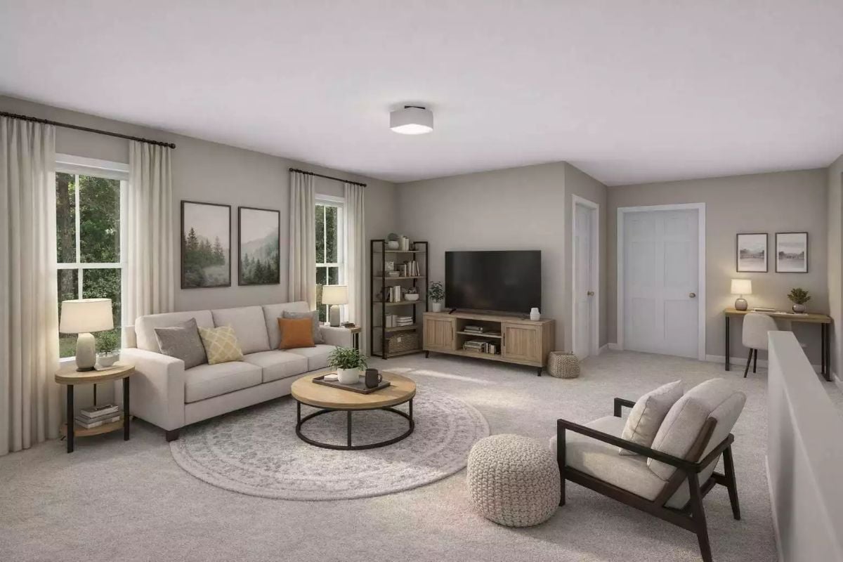 Carpet, Natural Wood, and Soft Neutrals Shape a Lived-In Loft Sitting Area