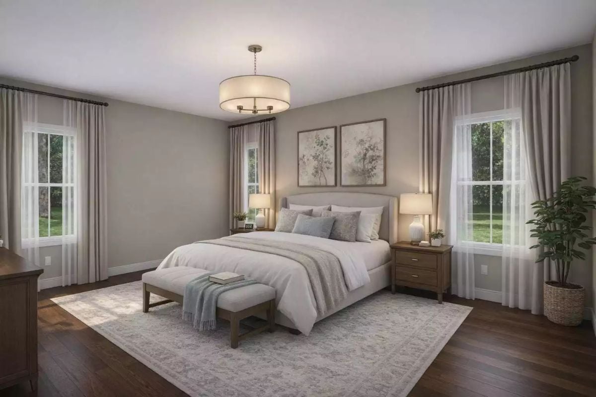 Soft Neutrals, Drum Pendant, and Dark Hardwood Ground This Farmhouse Bedroom