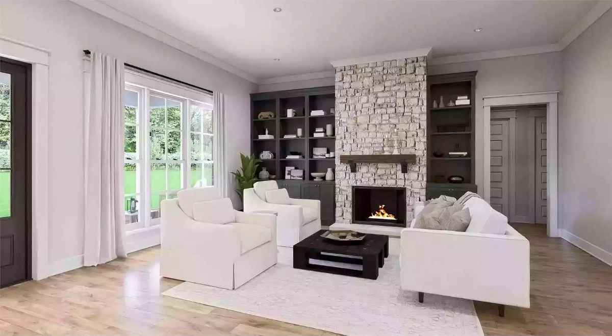 Stone Fireplace and Built-Ins Anchor a Living Room That Actually Feels Livable