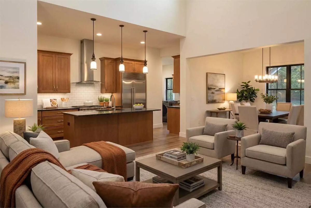 Beadboard Subway Tile and Wood Cabinetry Pull Double Duty in an Open-Plan Interior