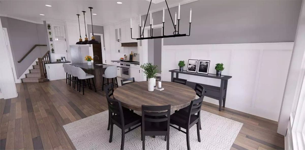 Candle Chandelier and Round Table Set the Tone for Farmhouse Dining