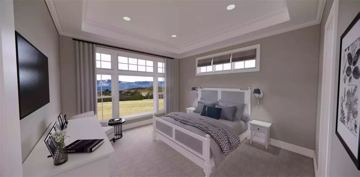 Tray Ceiling and Mountain Views Give This Guest Bedroom Real Presence