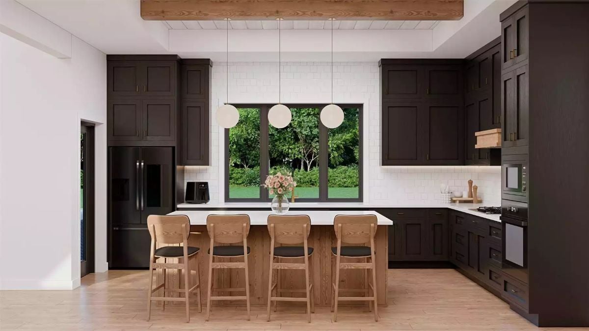 Dark Cabinetry and Light Wood Tones Create Bold Contrast in This Craftsman Kitchen