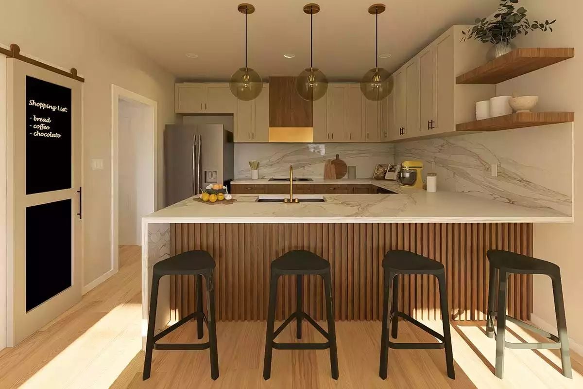 Fluted Wood Panels and Marble Countertops Meet in This Kitchen Island