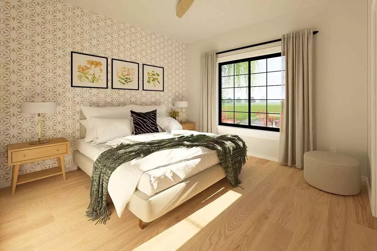 Botanical Prints and Geometric Wallpaper Anchor a Sun-Drenched Ranch Bedroom