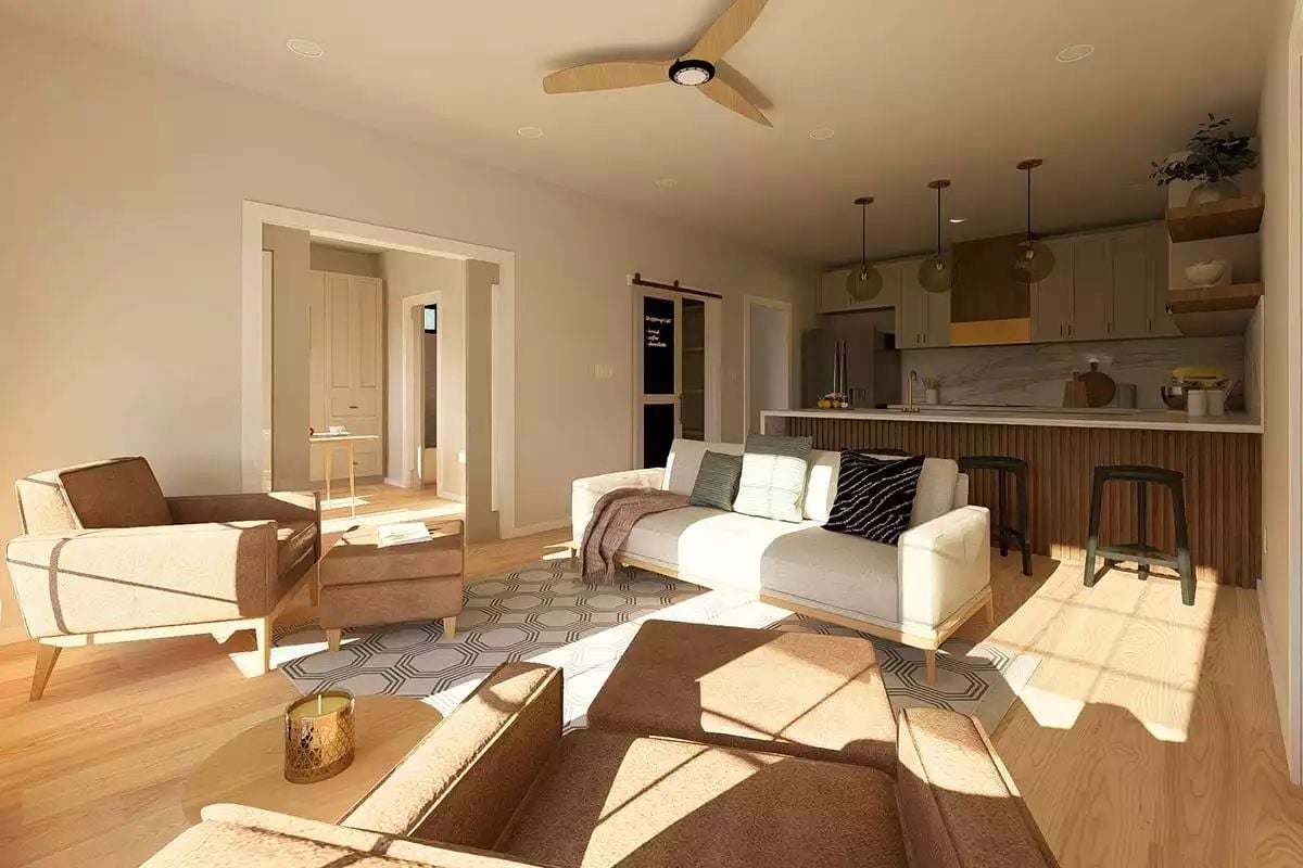 Warm Wood Tones and an Open Layout Make This Ranch Living Space Work