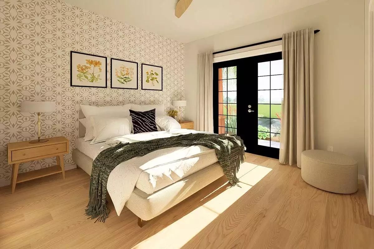 Geometric Wallpaper and Botanical Prints Ground This Bedroom's Natural Palette