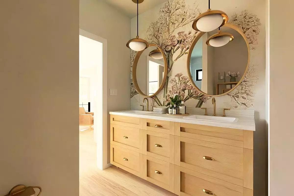 Gold Hardware and Botanical Wallpaper Pull This Double Vanity Together