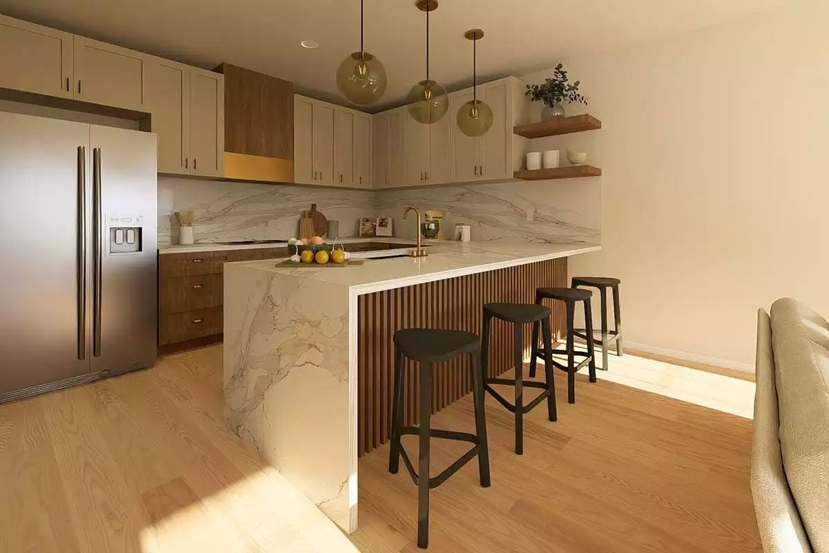 Marble Waterfall Island and Fluted Wood Panels Set the Tone in This Kitchen