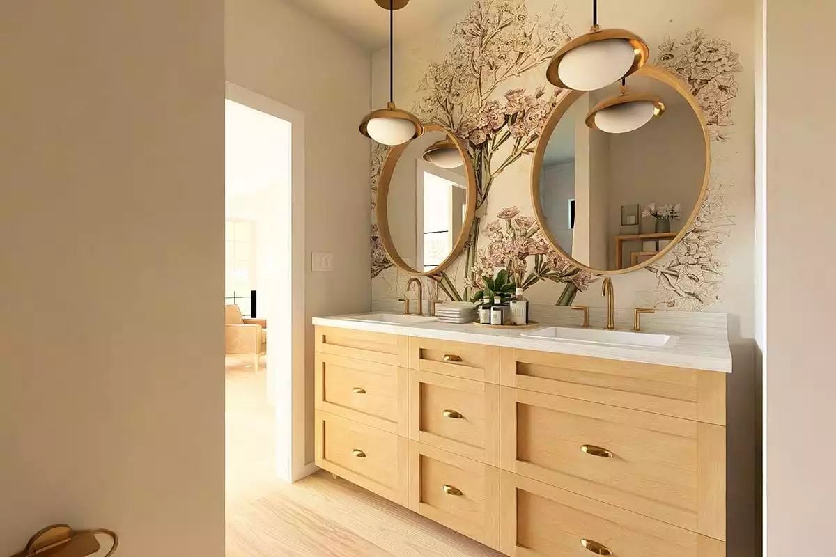 Botanical Wallpaper Mural and Brass Fixtures Pull Double Duty in This Jack & Jill Bath