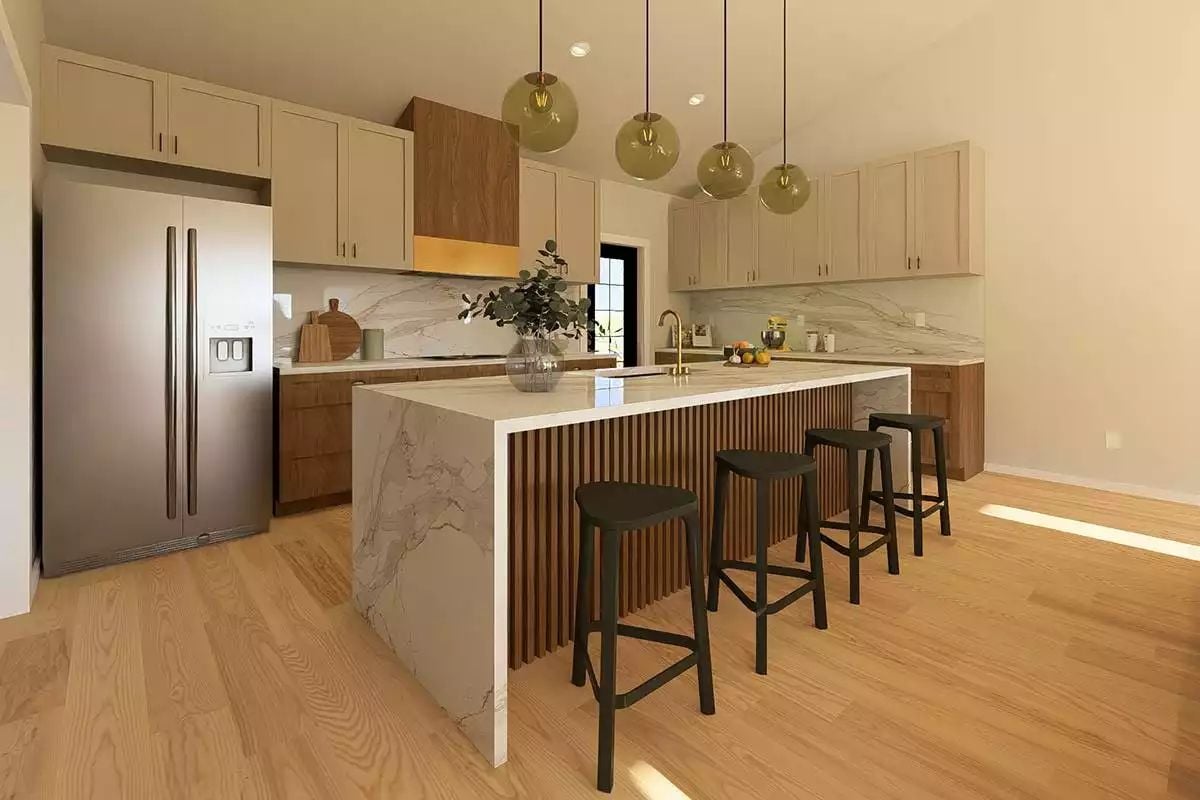 Marble Island With Slatted Wood Panels Anchors a Kitchen Built for Gathering