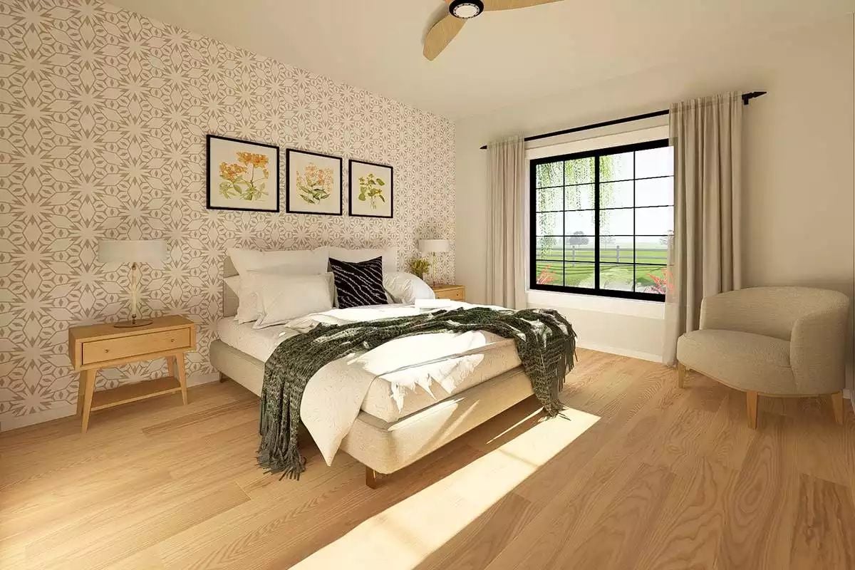 Botanical Prints and Patterned Wallpaper Give This Bedroom Quiet Character