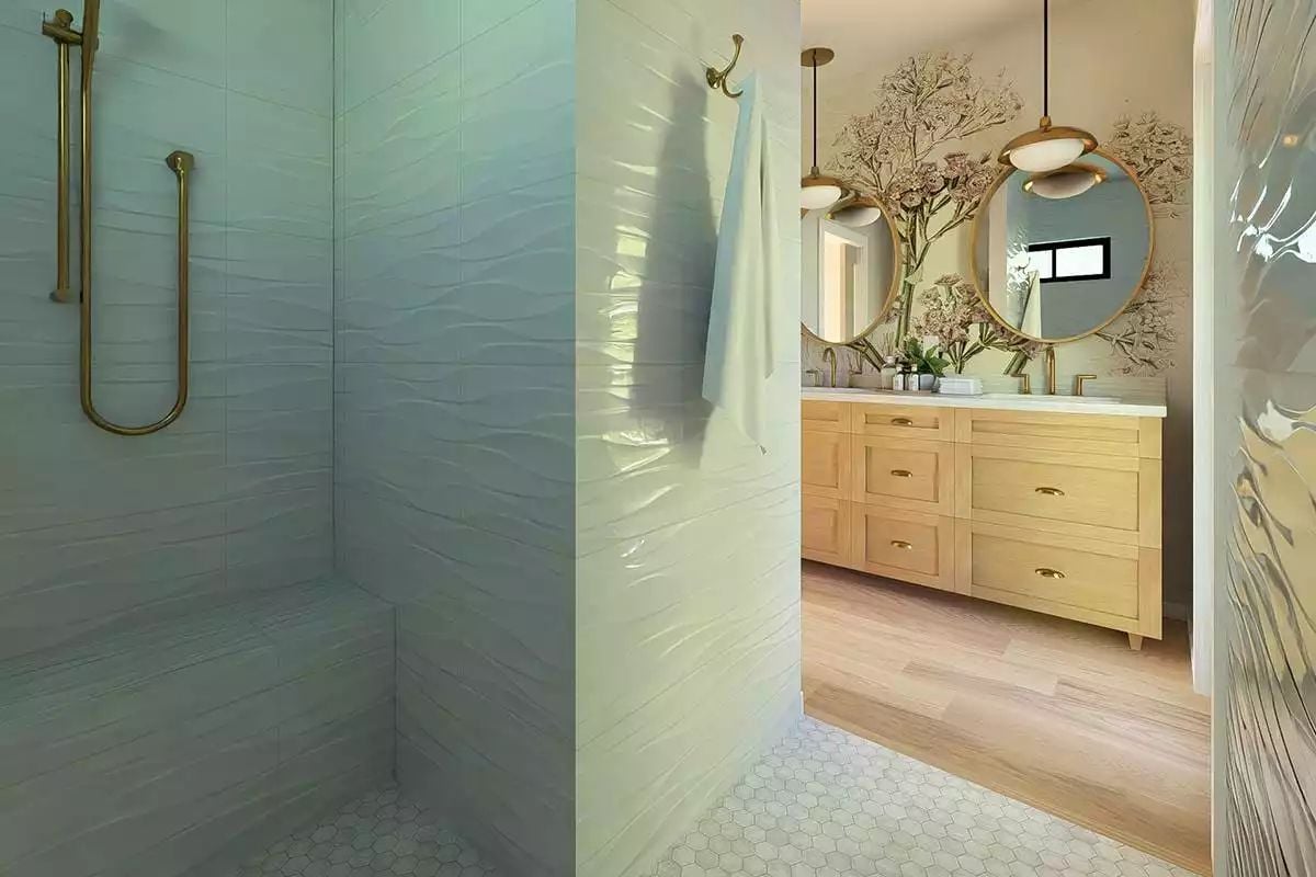 Wave-Textured Tile and Brass Fixtures Define a Shower Built With Purpose