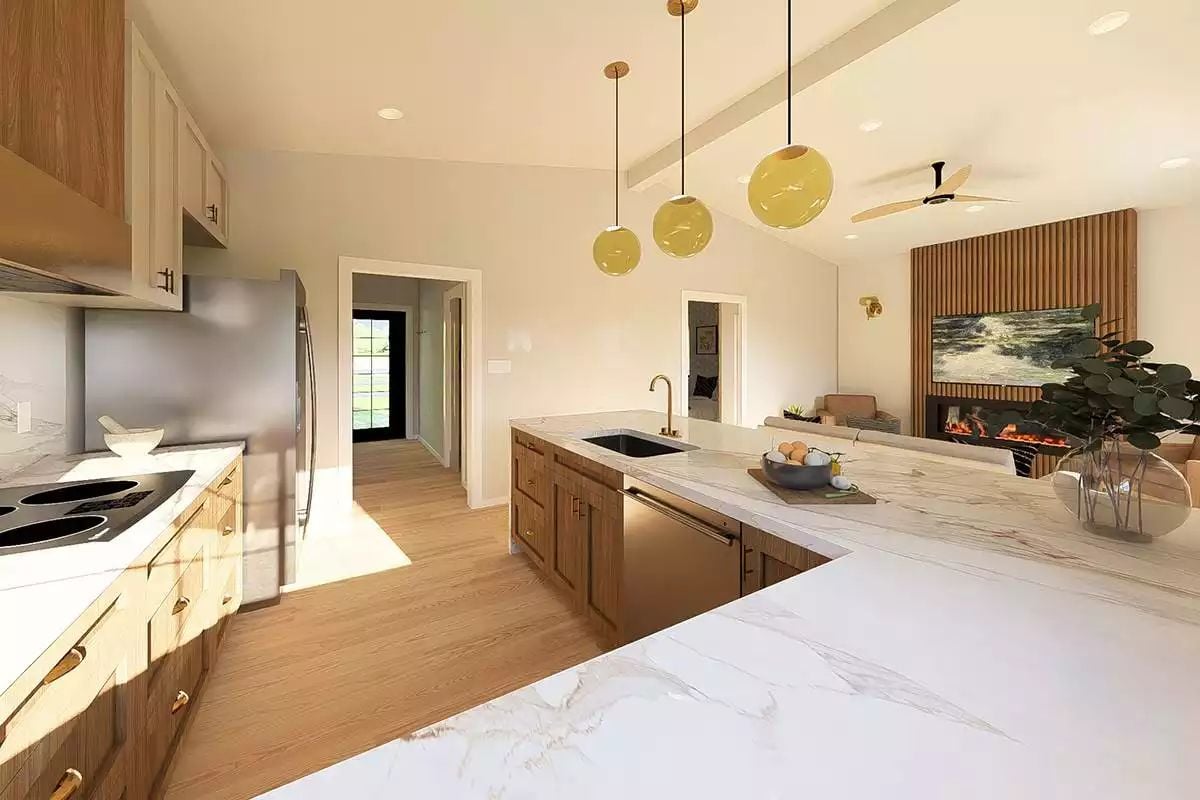 Marble Waterfall Counter and Off-Center Sink Make This Island Worth a Second Look