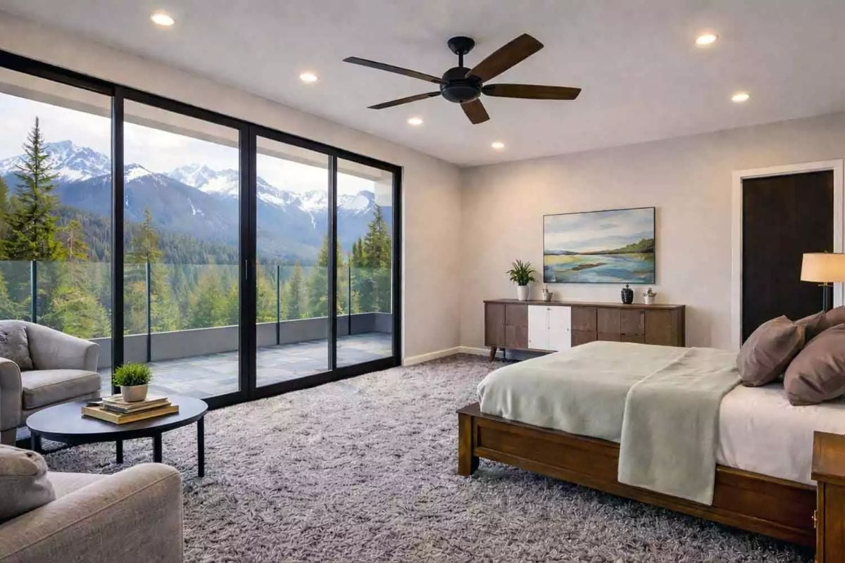 Carpet, a Ceiling Fan, and Snow-Capped Peaks Doing All the Heavy Lifting