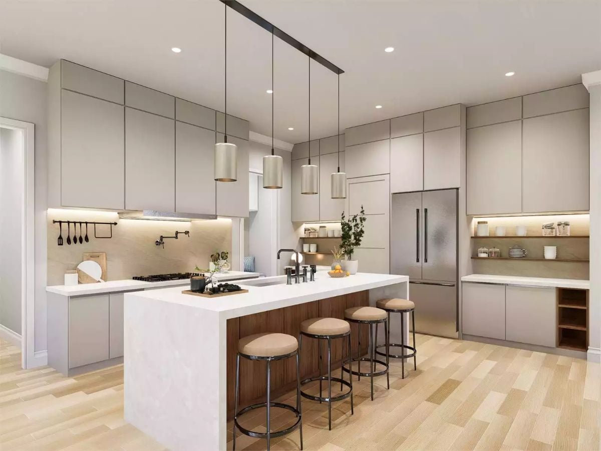 Warm Wood Base, White Quartz Top, and Four Stools Make This Island Work Hard